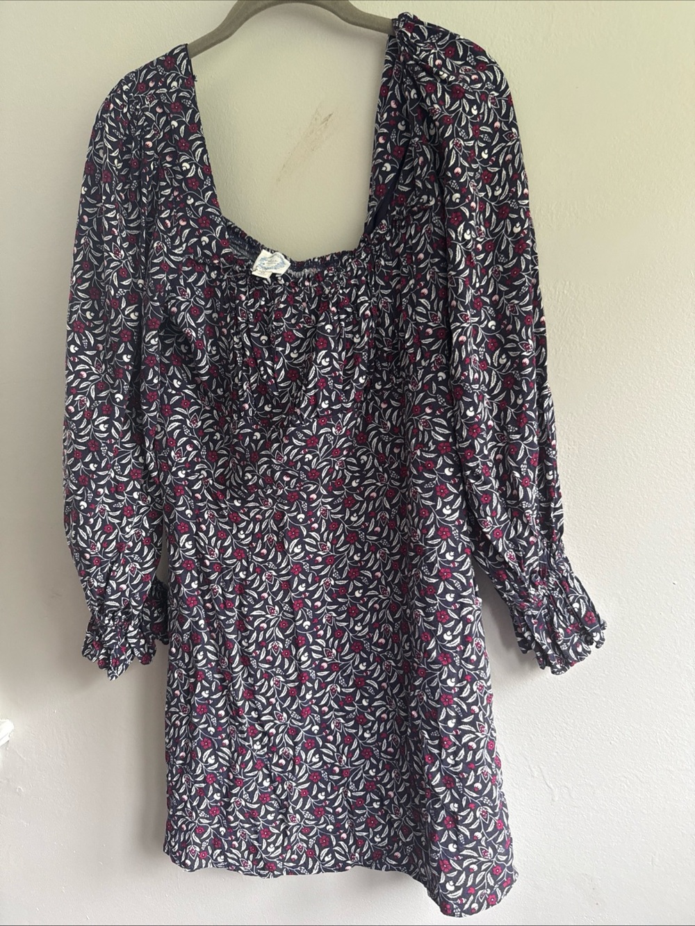 Blue Rain Floral Long Sleeve Smocked Mini Dress Long Sleeve Square Neck XL BOHO